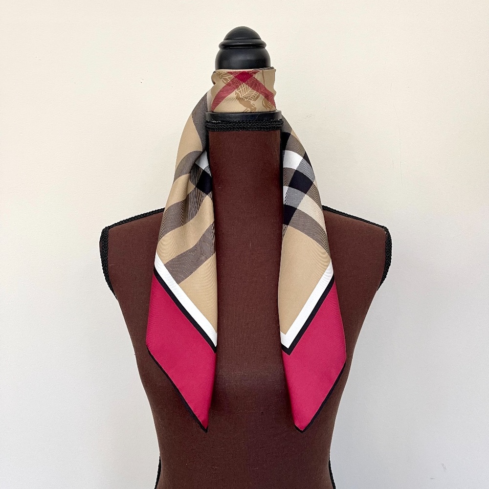 New Burberry Scarf Beige Check Burgundy Red Border Silk Wrap